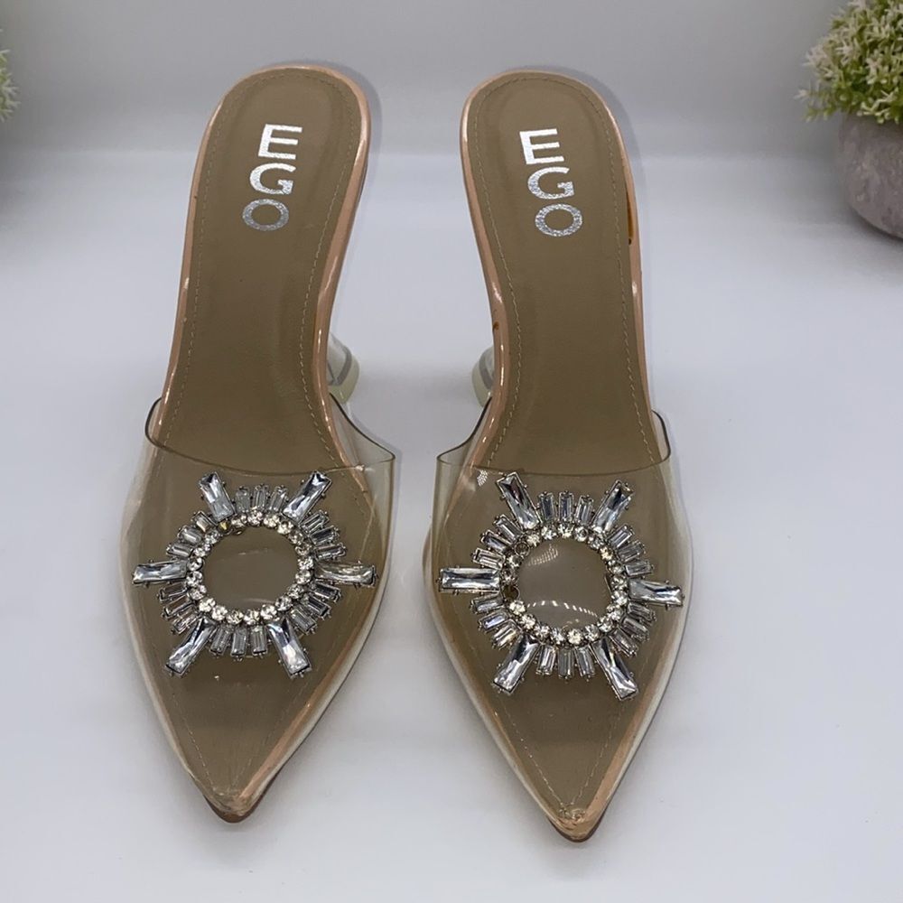 ✨ Stunning Diamond Perspex Heel Mule Nude Patent Clear Lucite Pumps✨ - Picture 4 of 12